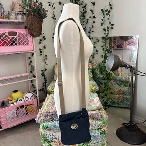 Michael Kors Navy Blue Leather Crossbody Bag MK Logo Small Shoulder Purse